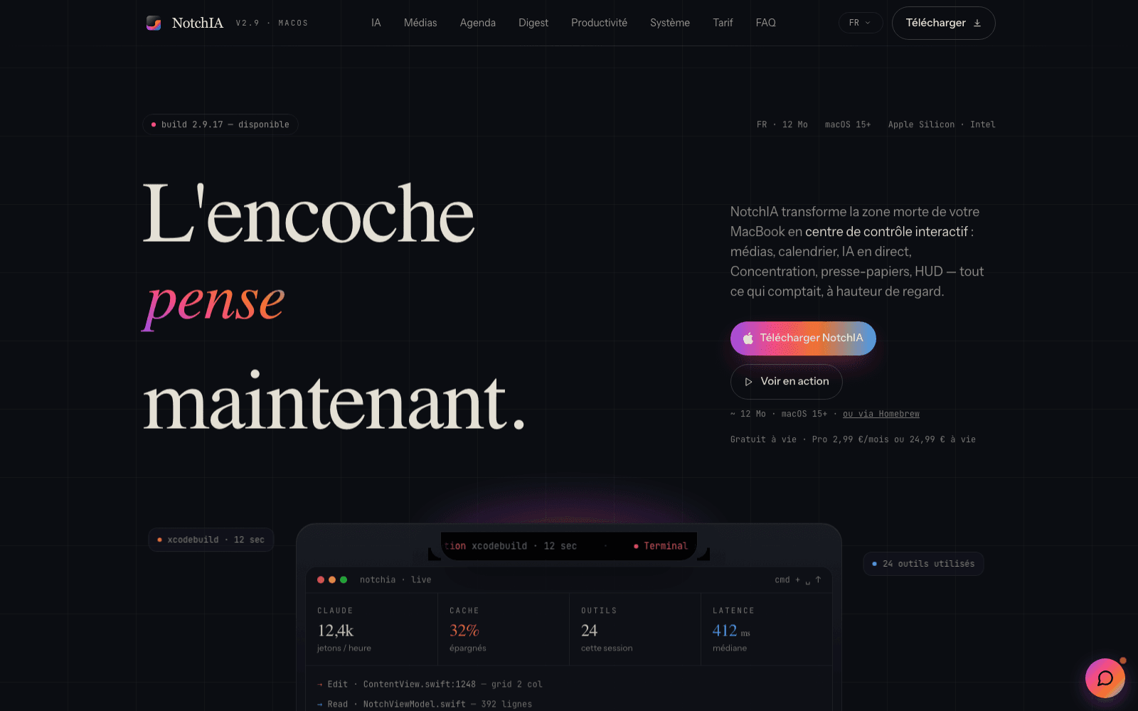 Page d'accueil du site notchia.app : titre « L'encoche pense maintenant », bouton de téléchargement, tarifs et aperçu du suivi d'agents IA