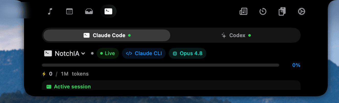 L'encoche déployée sur l'onglet AI Code : session Claude Code active, badges Live et Opus, jauge de tokens