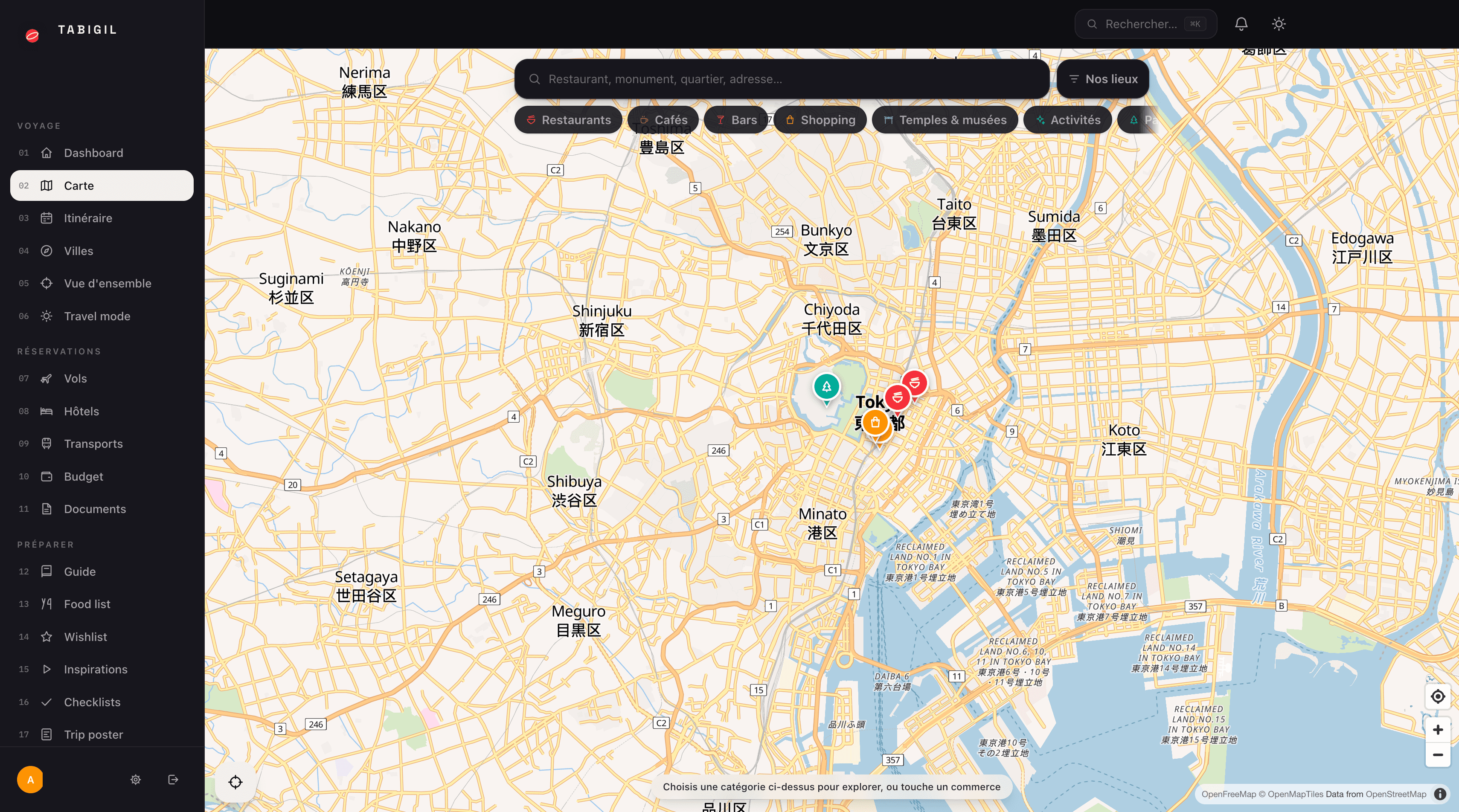 Interface de Tabigil sur ordinateur : la carte collaborative avec les lieux épinglés par le groupe, les catégories de repérage et la navigation du voyage