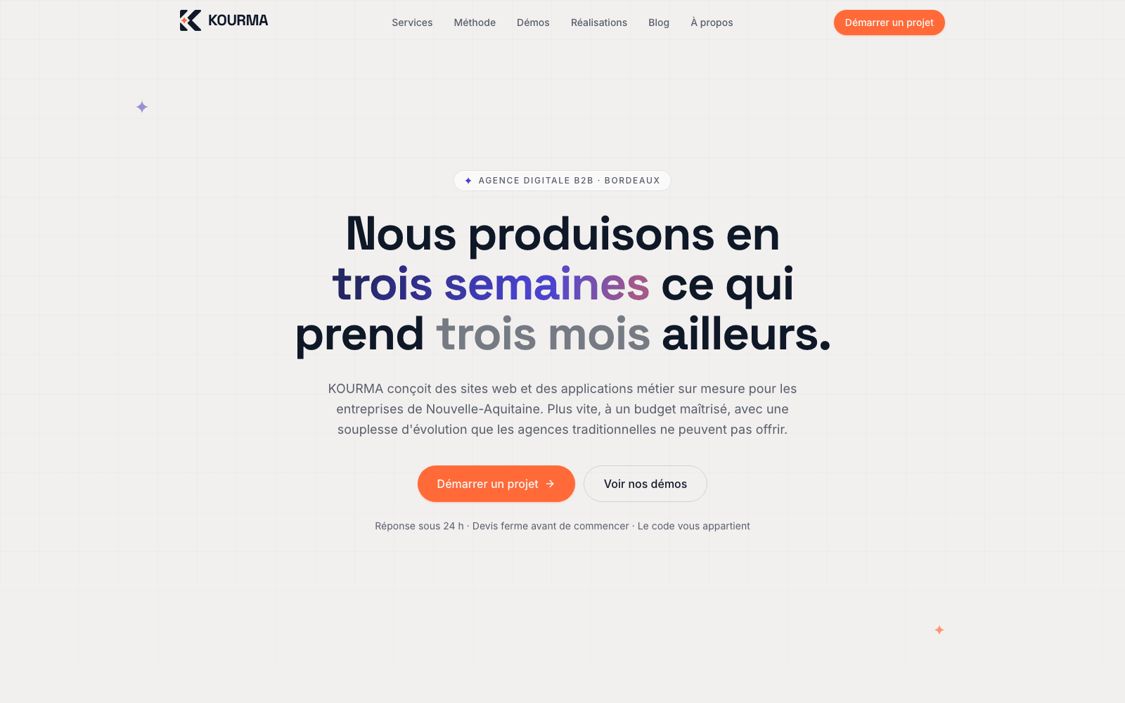 Page d'accueil de kourma.com : positionnement de l'agence et navigation vers les services, la méthode, les démos et le blog