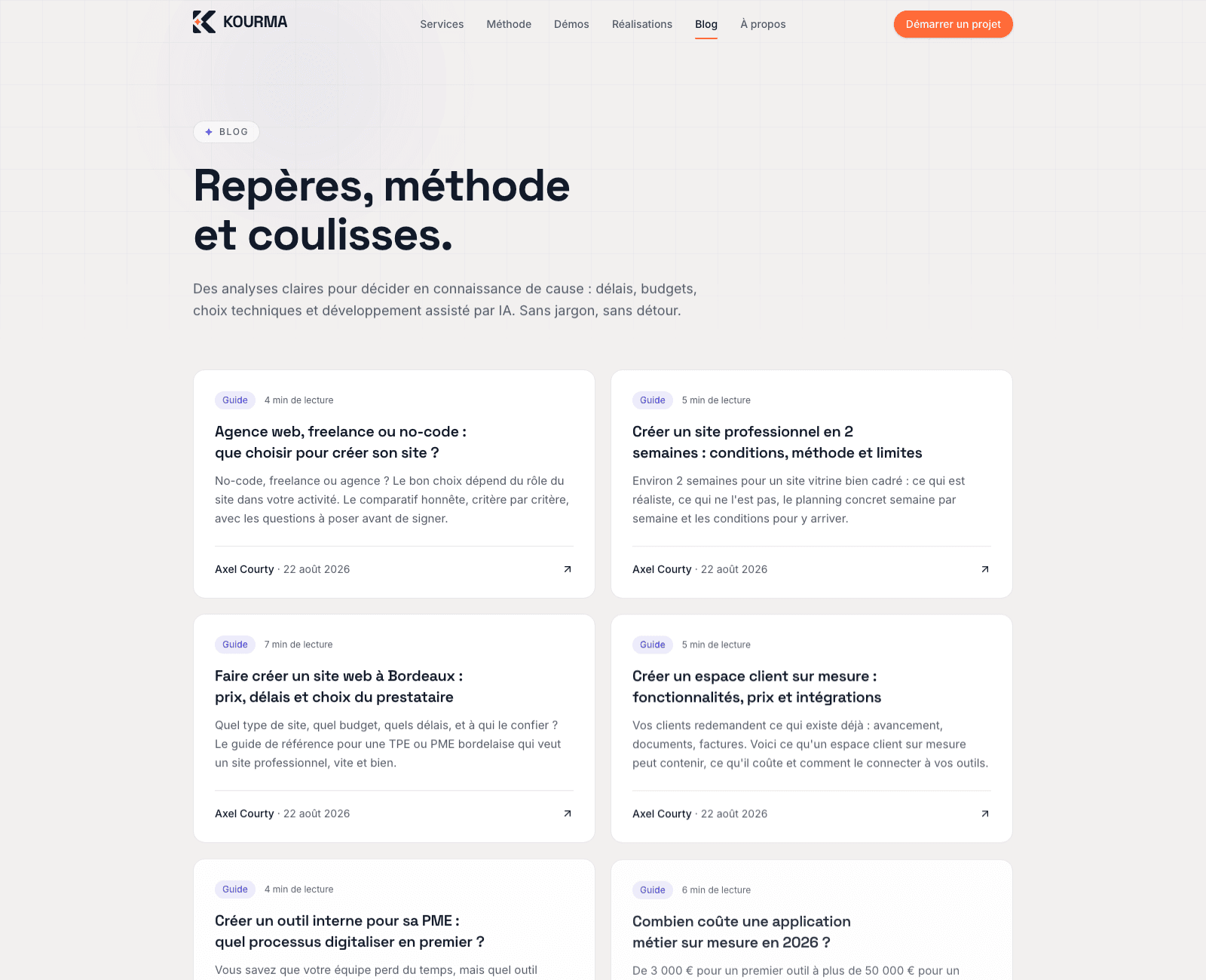 La page blog de kourma.com : les articles des deux clusters de contenus, avec leurs catégories et dates